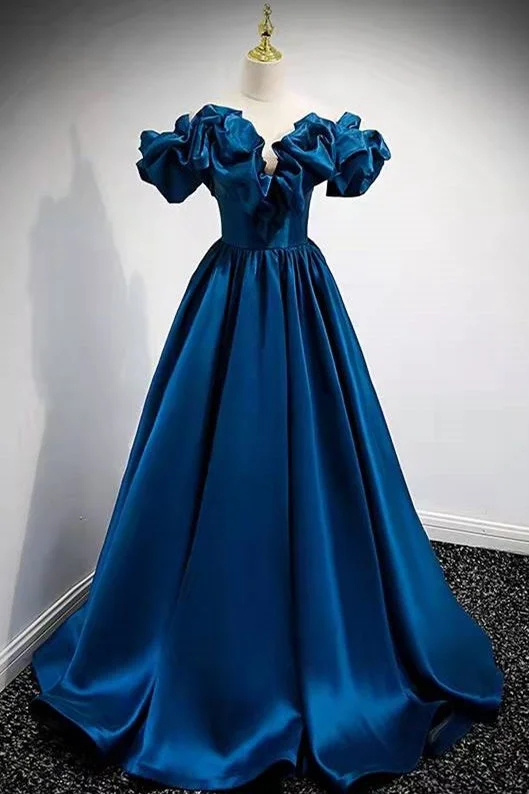 halter prom dressesA-Line Dark Blue Off-the-Shoulder Stain Prom Gown