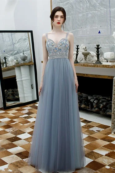 prom dress shopping tipsSpaghetti Straps Embroidery Smokey Blue Tulle Prom Dress