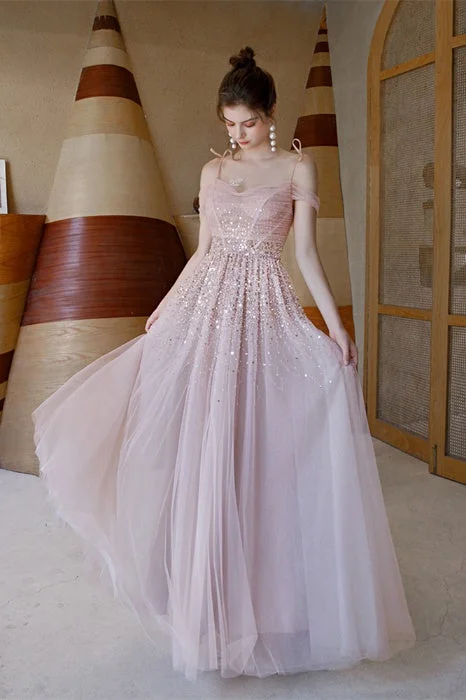 modern prom dressesElegant Straps Sequins Pink Tulle Prom Dress