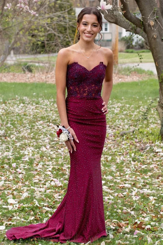 elegant prom dressesBurgundy Mermaid Strapless Beaded Appliques Lace-Up Long Prom Dress