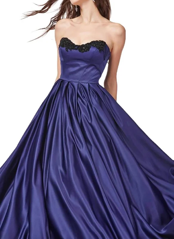 prom dresses with trainsSatin Prom Dress In Midnight Blue