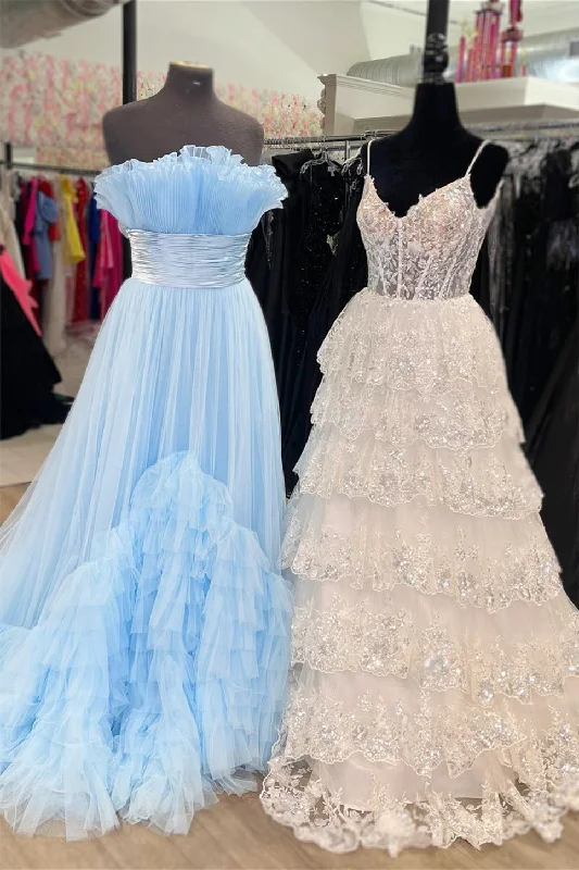 prom dresses for springSky Blue Strapless Ruffled Empire Tulle Long Prom Dress