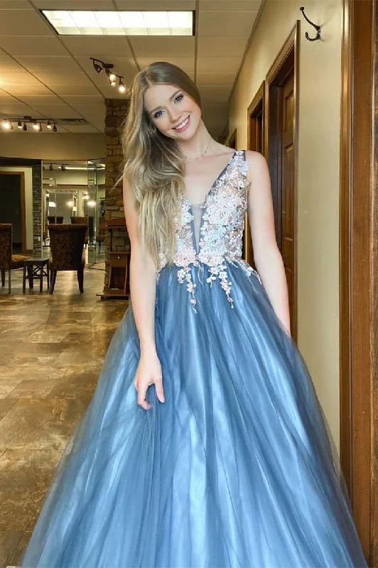 corset prom dressesV-Neck Appliquess Dusty Blue Long Prom Dress