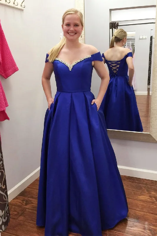 illusion sleeve prom dressesElegant Off Shoulder Lace-Up Back Royal Blue Long Prom Dress