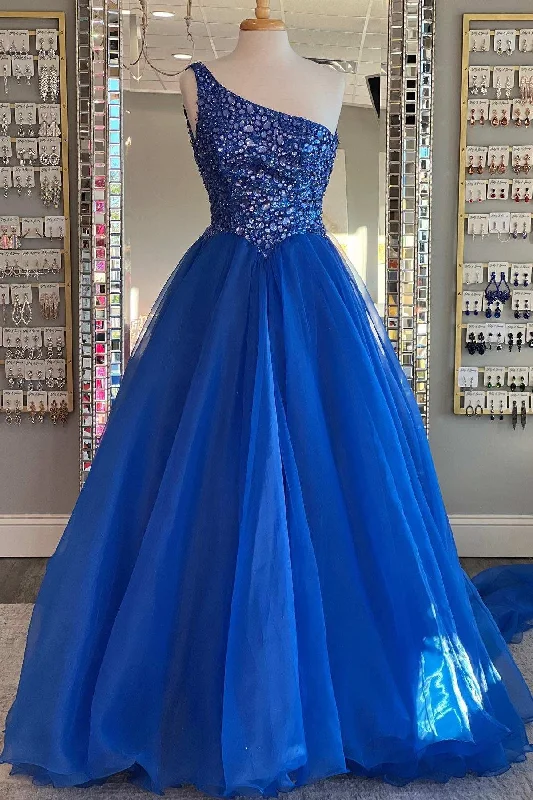 high-slit prom dressesBlue Beaded One-Shoulder A-Line Long Prom Dress