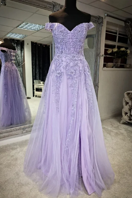 vintage prom dressesLilac Off-the-Shoulder Appliques Tulle Long Prom Dress with Slit