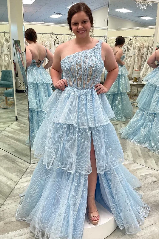 classic prom dressesOne-Shoulder Light Blue Lace Tiered Long Prom Dress with Slit