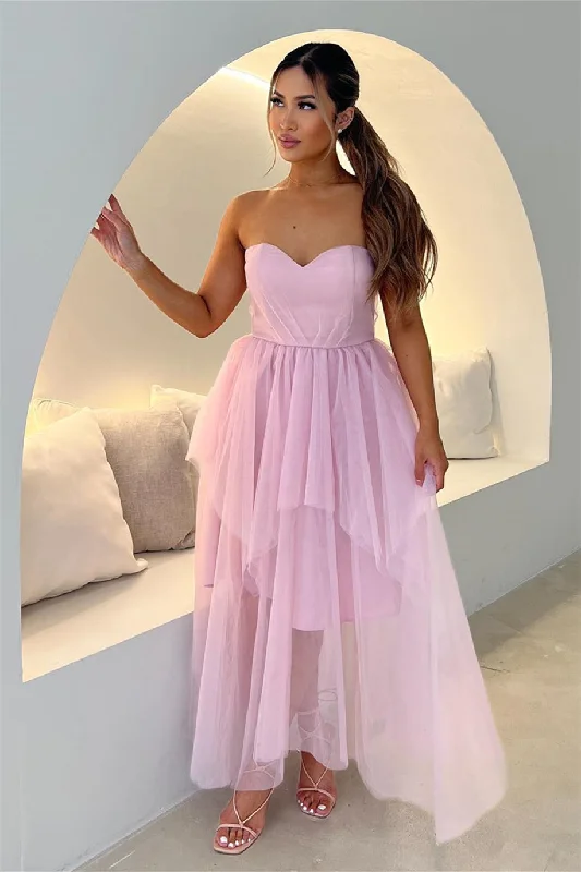 prom dresses for plus-size figuresPink Strapless Sweetheart Multi-Layers Tulle Long Prom Dress