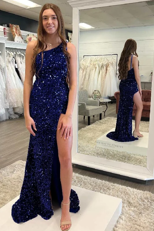 chiffon prom dressesDark Blue Sequin One-Shoulder Mermaid Long Prom Dress with Slit