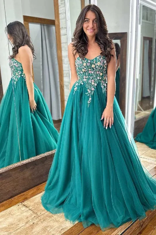 silk prom dressesEmerald Green Tulle Floral Lace Strapless A-Line Prom Gown