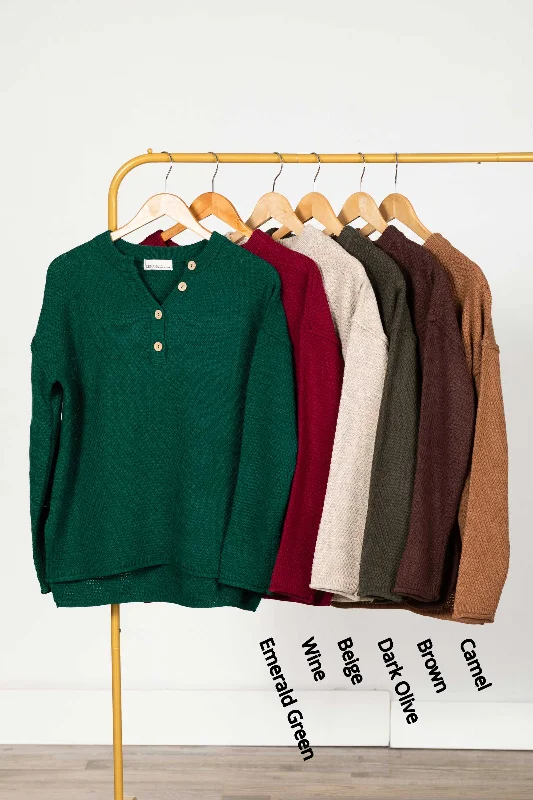 Plus-Size SweatersButton Henley Neckline Basic Sweater