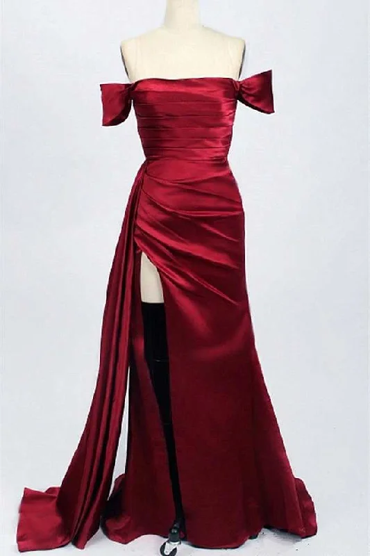 prom dresses for short girlsRed Satin Off-the-Shoulder Mermaid Long Prom Dress with Slit