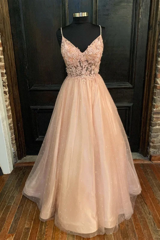 high-low prom dressesBlush Pink Appliques Straps V Neck A-line Long Prom Dress