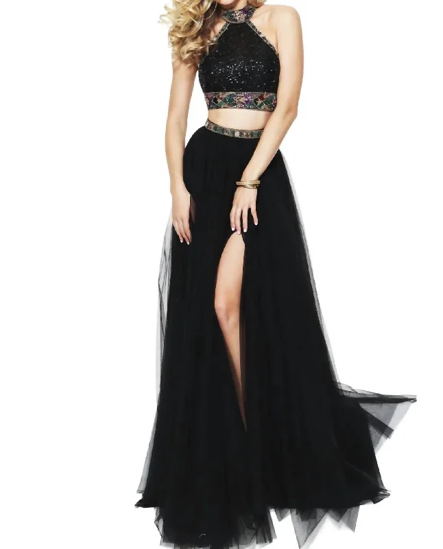 prom dresses with illusion panelsHigh Halter Neck Prom Dress In Black