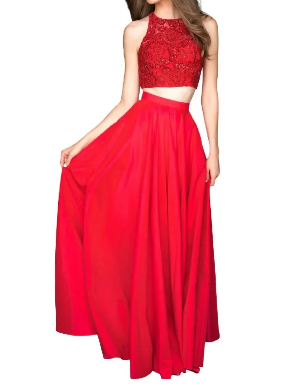 prom dresses for short girlsTwo-Piece Lace Appliqued Prom Dress In Red