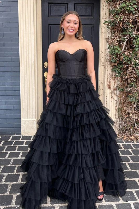 open-back prom dressesBlack Strapless A-line Multi-Layers Tulle Long Prom Dress