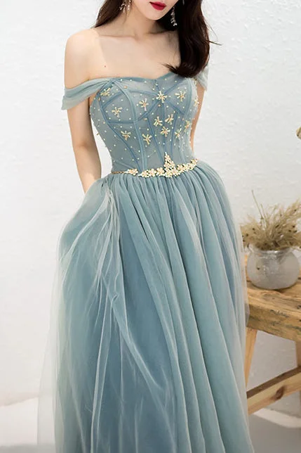 prom dresses for short girlsElegant Off Shoulder A-Line Beaded Long Prom Dress with Appliques