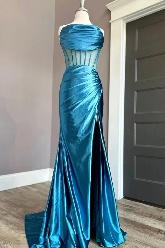 glamorous prom dressesBlue Satin Strapless Pleated Mermaid Long Prom Dress with Slit