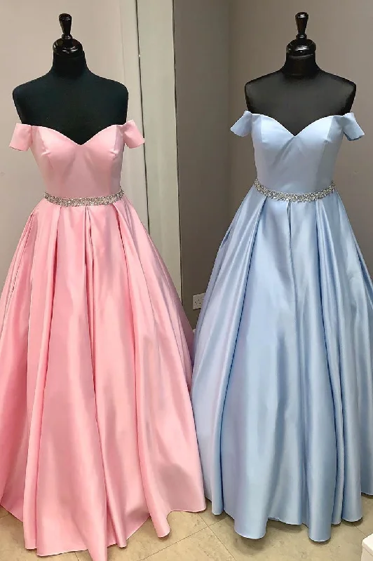 petite prom dressesElegant Off the Shoulder Satin Beaded Long Prom Dress