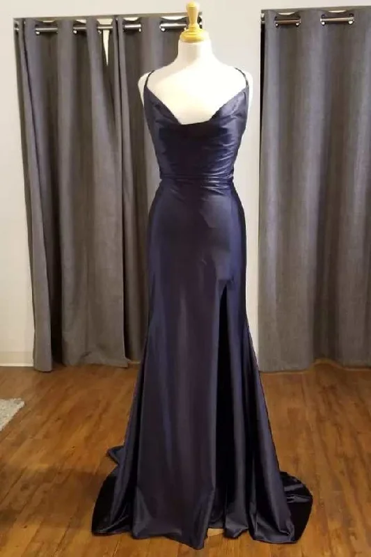 prom dresses with sheer overlaysNavy Blue Cowl Neck Mermaid Long Prom Dress