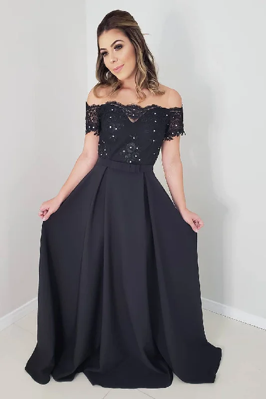 plus-size prom dressesElegant Off Shoulder Black Long Prom Dress with Lace Top