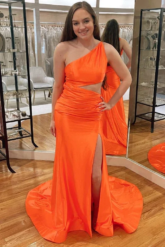 prom dress inspiration galleriesOrange One-Shoulder Cutout Mermaid Long Prom Dress with Slit