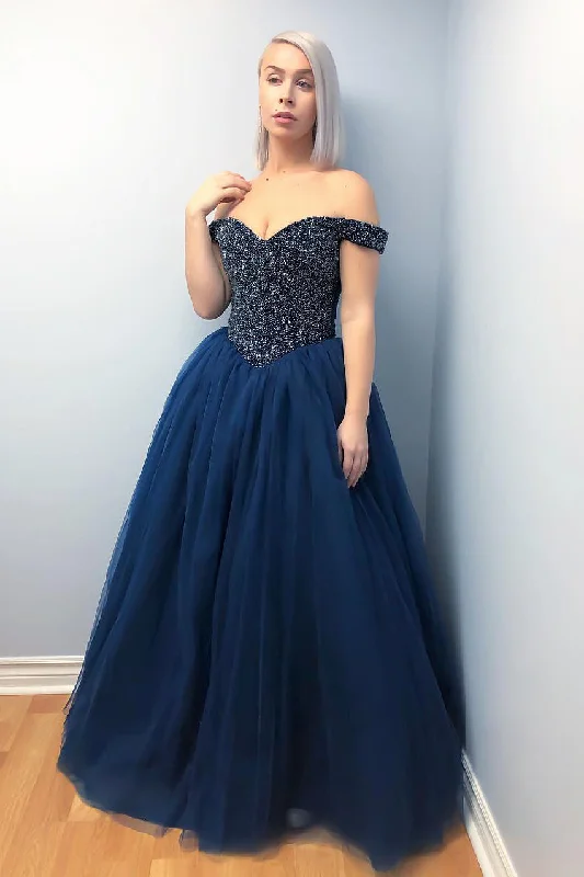 convertible prom dressesOff the Shoulder Beaded Lace-Up Navy Blue Prom Dress