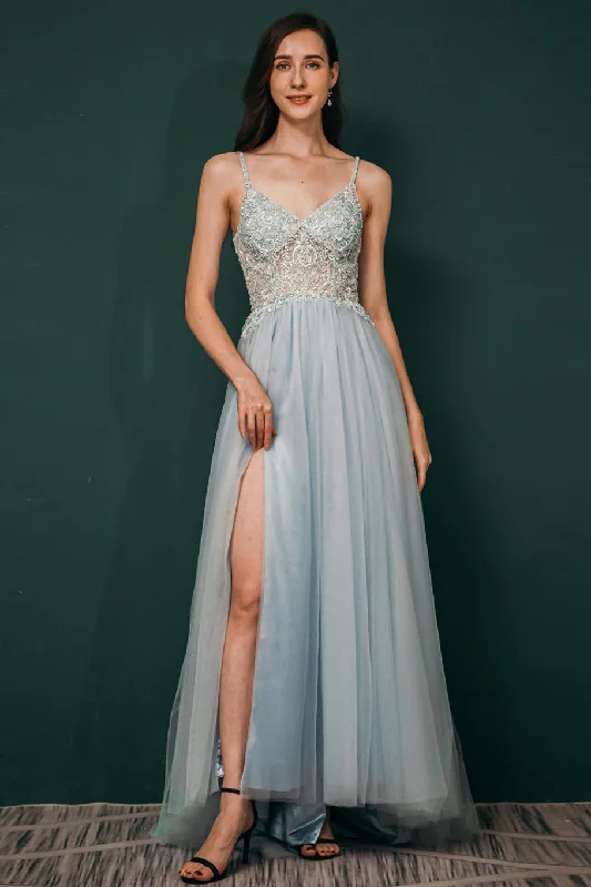 affordable prom dressesLight Blue Chiffon A-line Beaded Long Prom Dress