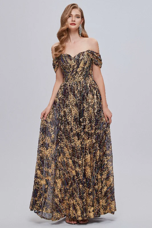 prom dresses for fallBlack and Brown Floral Print Off-the-Shoulder A-Line Long Prom Dress