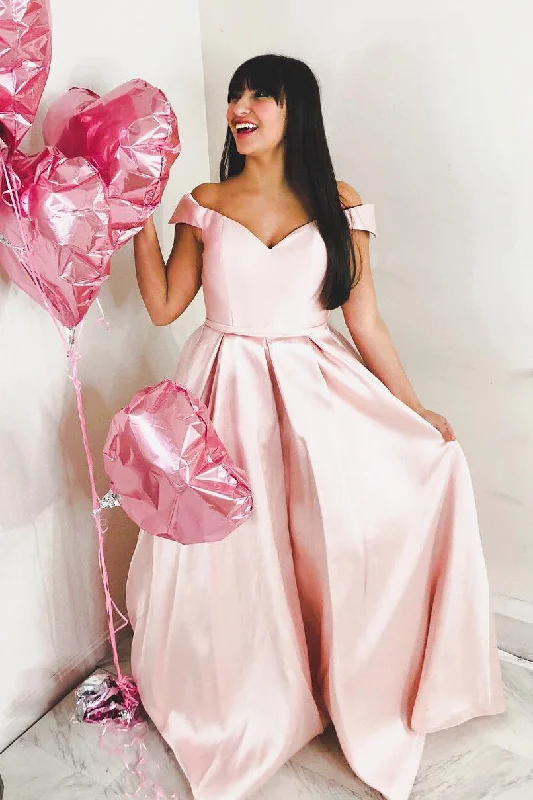 prom dresses for pear shapesSimple Off the Shoulder Pink Long Prom Dress