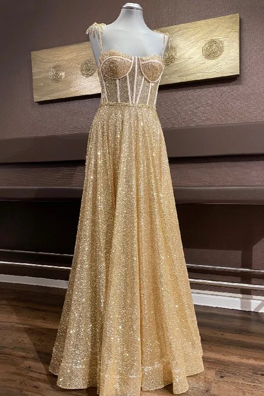 off-the-shoulder prom dressesGold A-line Bow Tie Beaded Straps Sequins Boning Long Prom Dress