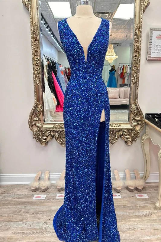 prom dress inspiration galleriesRoyal Blue Deep V Neck Sequins Lace-Up Long Prom Dress with Slit