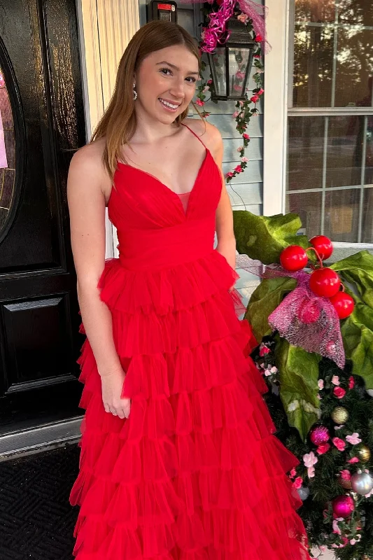 prom dresses for springRed Layers A-line Plunging V Neck Long Prom Dress