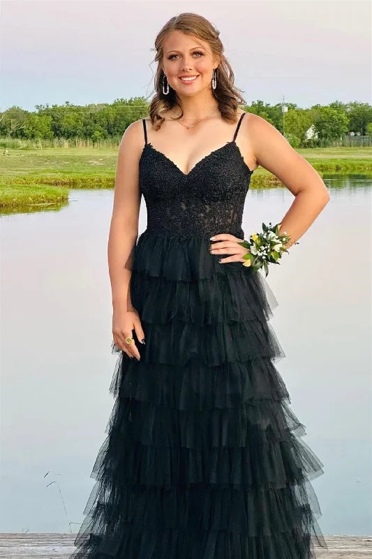 satin prom dressesBlack Keyhole Layers Floral Straps Long Prom Dress