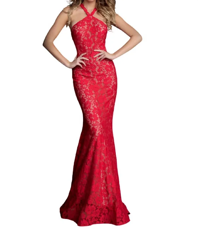 satin prom dressesEmbellished Lace Fitted High Neck Prom Dress In Red/nude