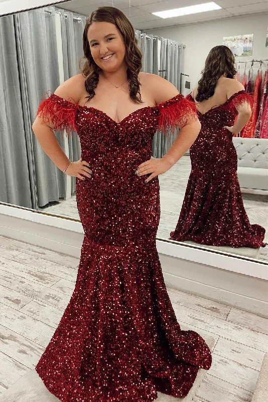 metallic prom dressesRed Sequin Feather Off-the-Shoulder Trumpet Long Prom Dress