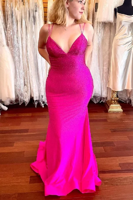 prom dresses for tall girlsSexy Mermaid Hot Pink Beaded Long Prom Dress