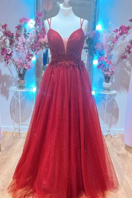 A-line prom dressesRed Plunging V Neck Double Straps Beaded Appliques Pleated Long Prom Dress