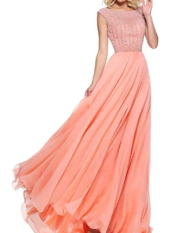 lace-up prom dressesChiffon Cap Sleeves Prom Dress In Peach