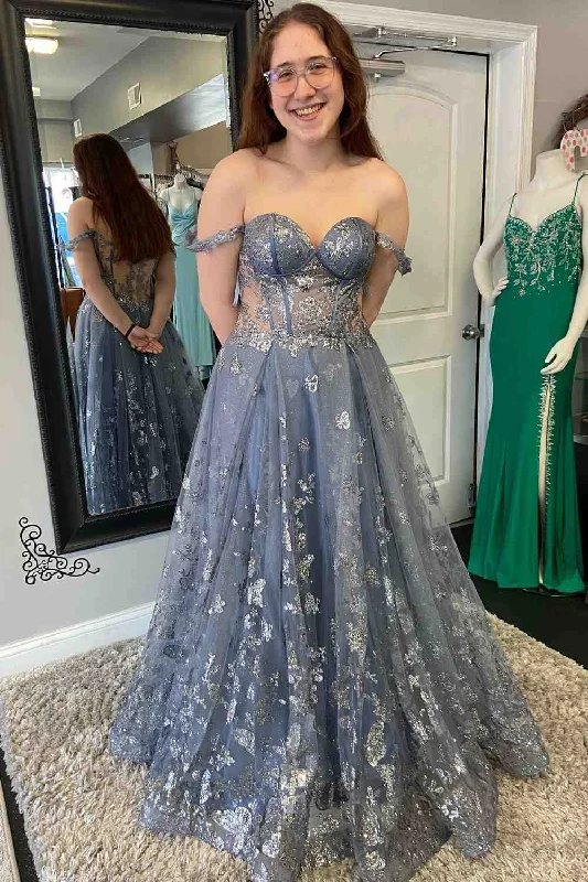 convertible prom dressesDusty Lavender A-line Off-the-Shoulder Prints Tulle Long Prom Dress