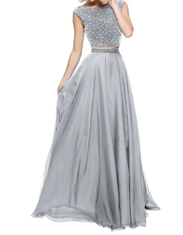 thigh-high slit prom dressesTwo-Piece Chiffon Cap Prom Dress In Silver