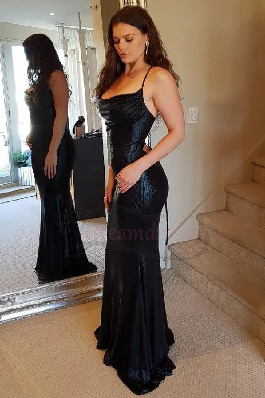 prom dresses for winterHot Mermaid Black Criss Cross Back Prom with Cowl Neck