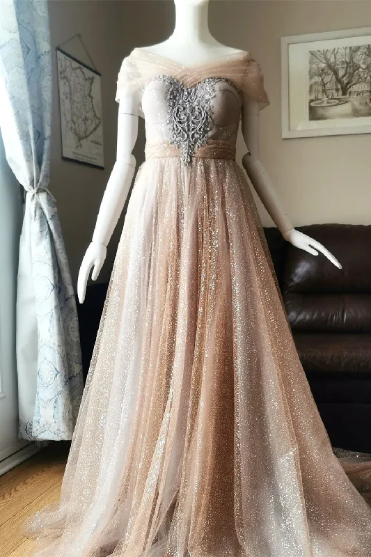 spaghetti strap prom dressesBlushing Pink A-line Illusion PortraitBeaded Appliques Lace-Up Long Prom Dress