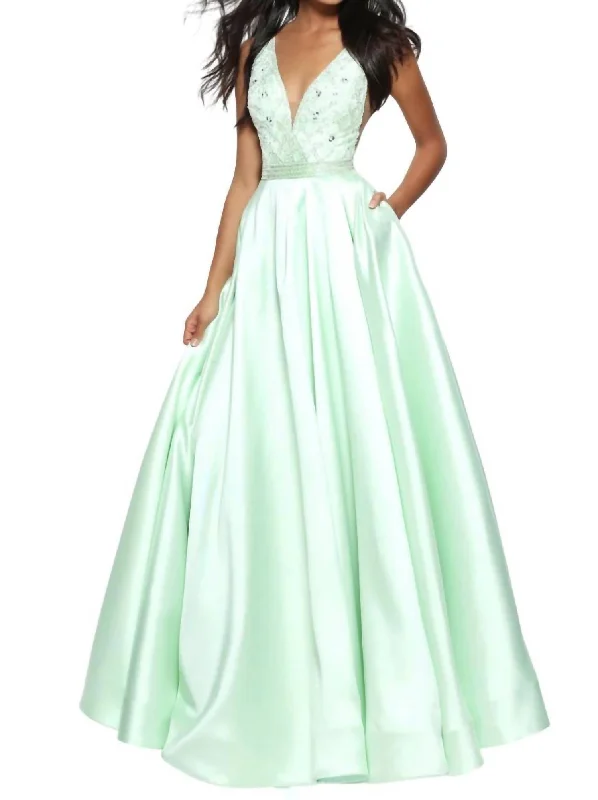 prom dress color trendsV-Neck Prom Dress In Light Green