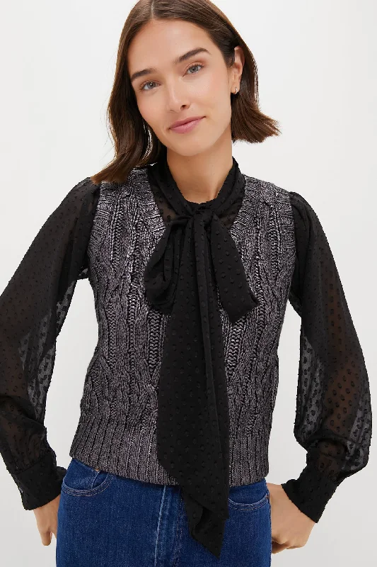 Cozy Embellished SweatersBlack Foil Cable Ellington Sweater Blouse