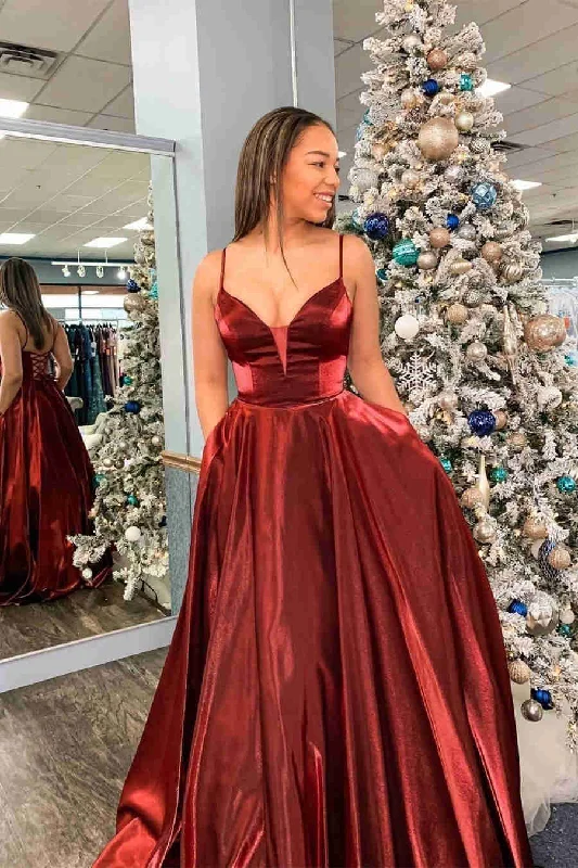 prom dresses for winterElegant Spaghetti Straps Burgundy Satin Prom Dress