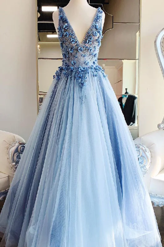 luxury prom dressesPrincess Light Blue Beaded Long Prom Dress with Appliques