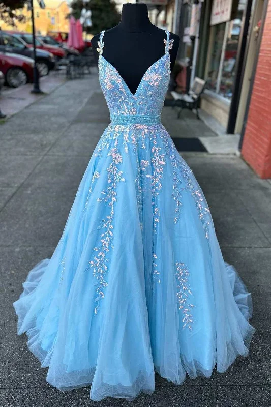 prom dresses with trainsLight Blue Appliques V-Neck Belted A-Line Prom Gown