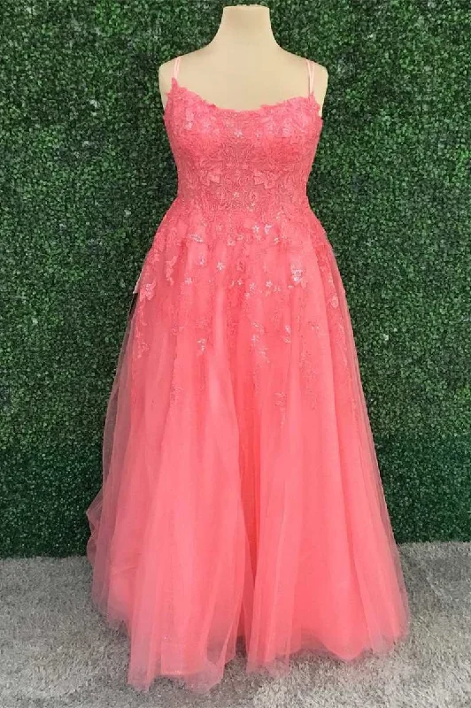 affordable prom dressesHot Pink Floral Lace Backless A-Line Prom Dress