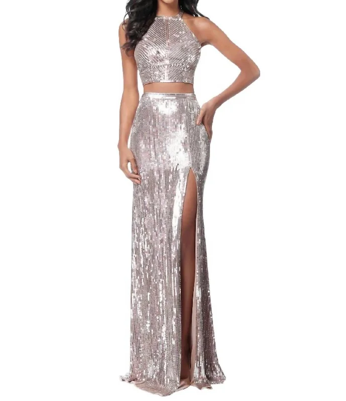 bodycon prom dressesTwo-Piece Sequin Prom Dress In Rose Gold